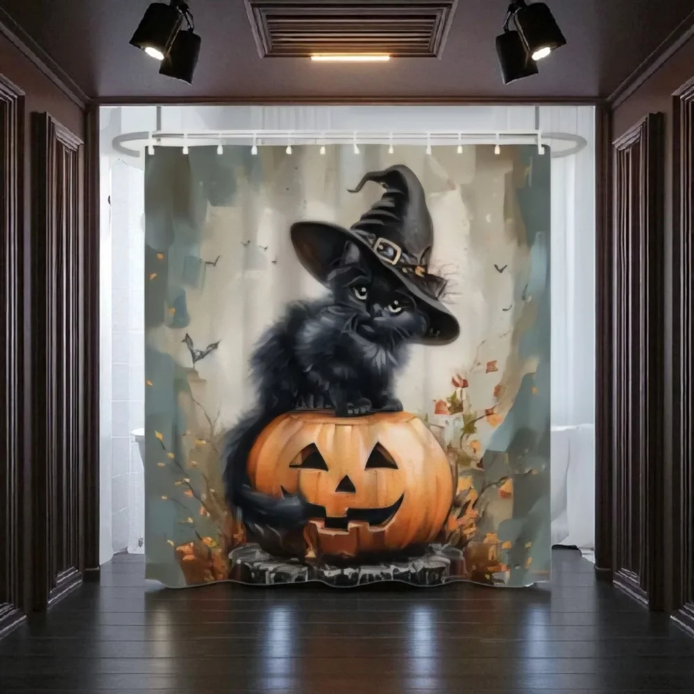 Trending Halloween Cat & Pumpking Shower Curtain 12 White Plastic Hooks Included